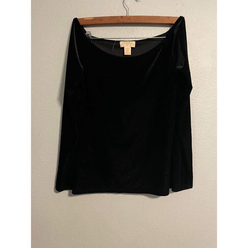 Vintage Express Tricot Women Top Large Black Velvet Boat Neck Stretch Witchy 90s
